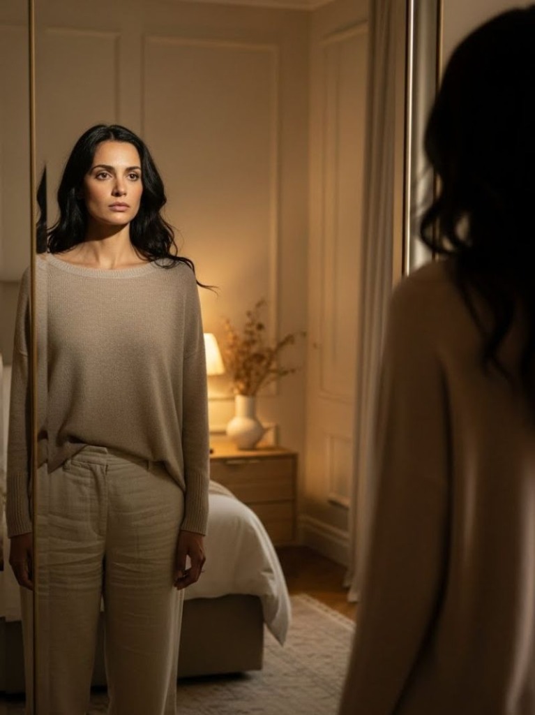 Mulher olhando no espelho de forma reflexiva